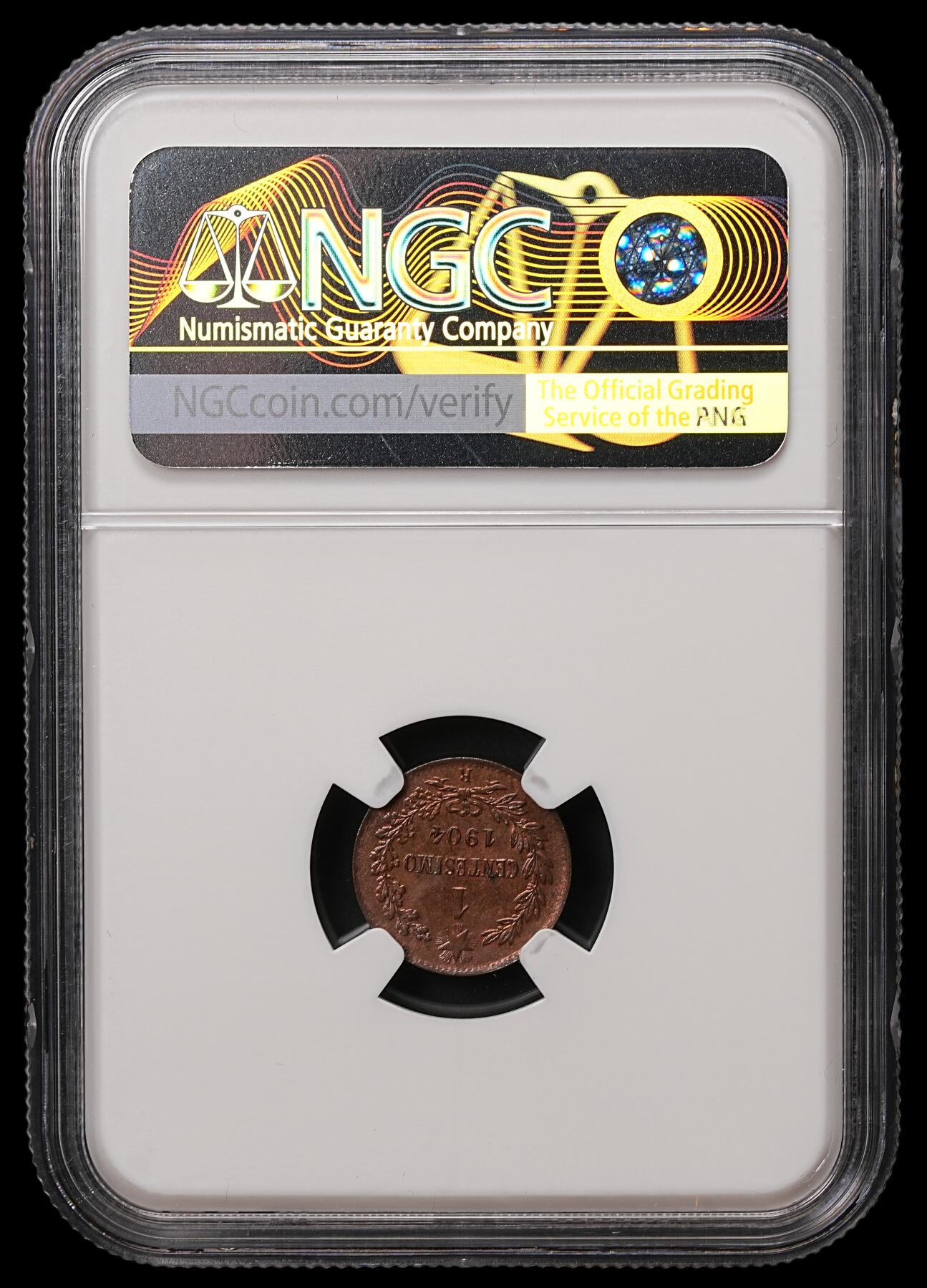 修遠堂世界钱币第108期 NGC MS64BN 1904年意大利1分铜币