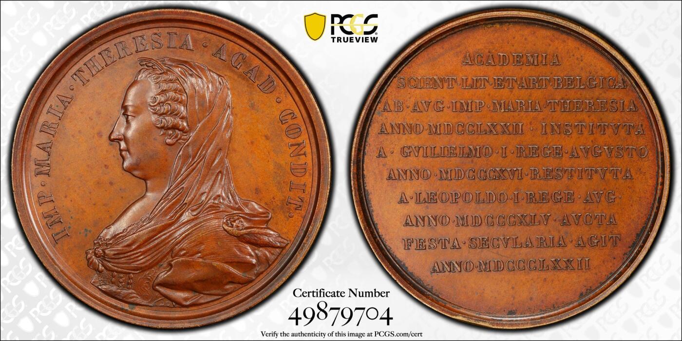 博洋堂世界钱币拍卖第165期（全场包邮） PCGS SP64 比利时1872年皇家科学与艺术学院成立100周年纪念大铜章，正面玛丽亚·特蕾莎的侧面肖像，她也是该学院的创始人
