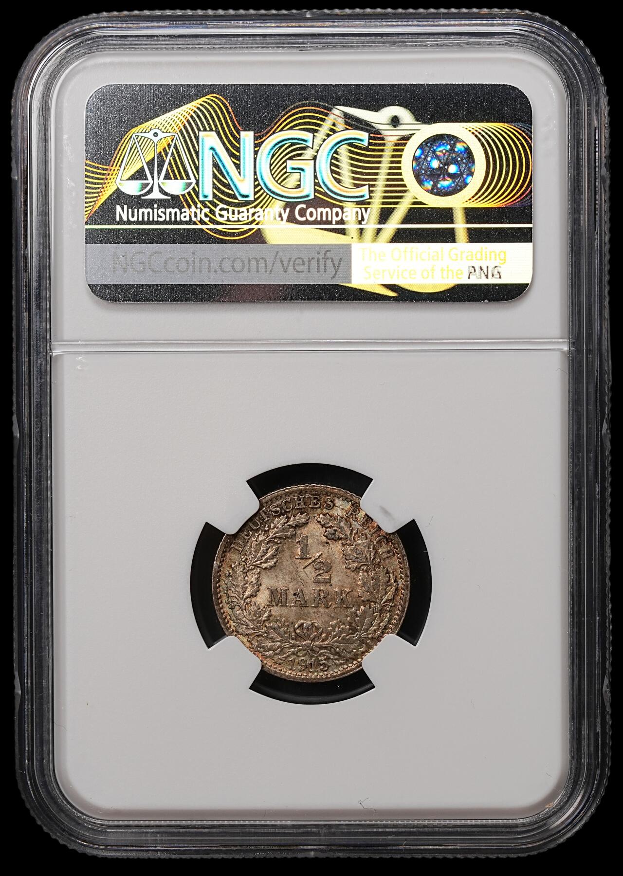 修遠堂世界钱币第108期 NGC MS64 1915年德国1/2马克银币，E厂铭，五彩