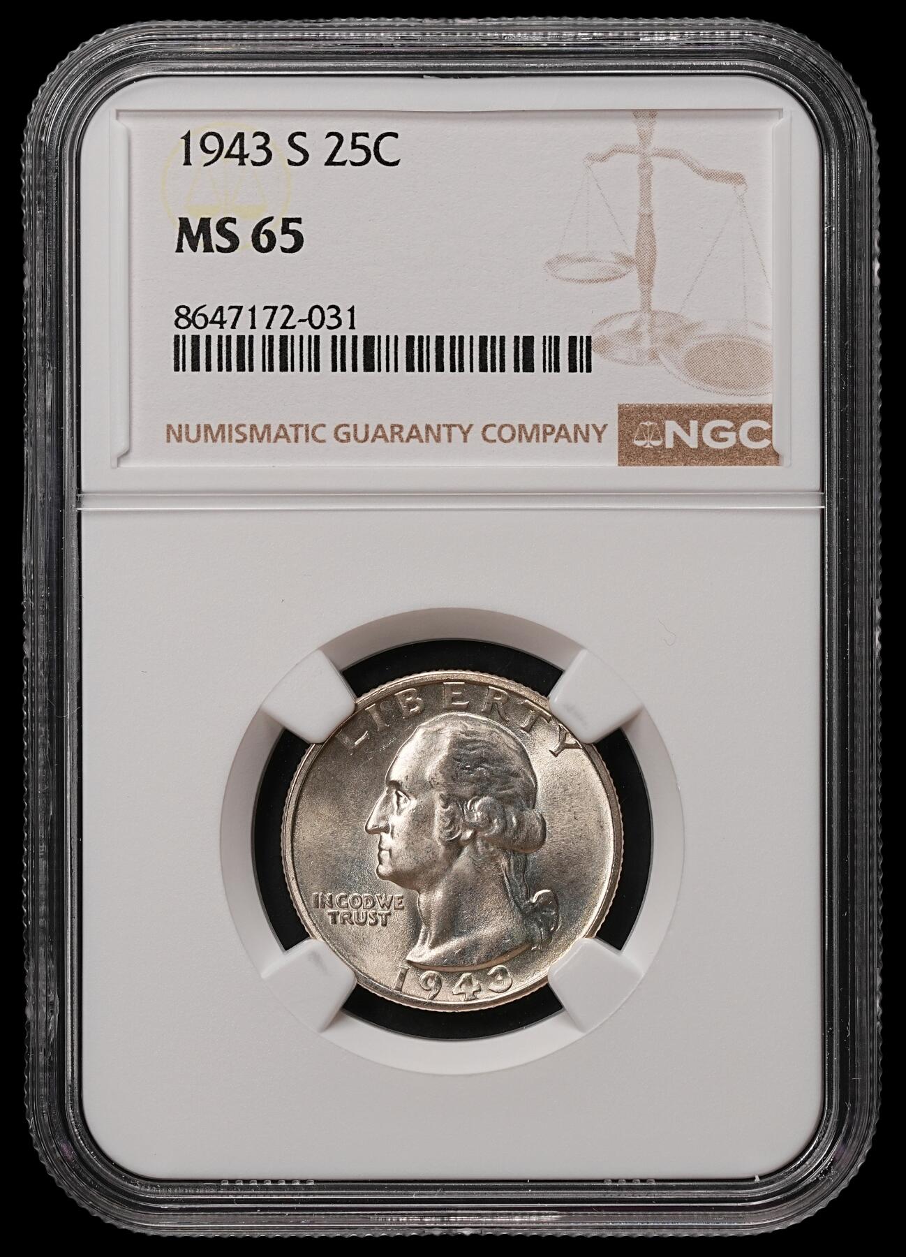 修遠堂世界钱币第108期 NGC MS65 1943年美国25美分银币，S厂铭