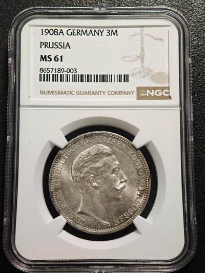 【德藏】世界币章拍卖第168期（拍品征集中~欢迎藏友联系） - 1908年 德国普鲁士威廉二世3马克银币 NGC MS61 原光十足