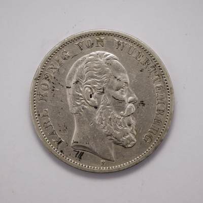 观钱 近现代机制币拍卖No.005（全场顺丰包邮，不区分偏远地区）  - 德国符腾堡王国 1874 年卡尔一世 5 马克银币，喜欢裸币的朋友不要错过