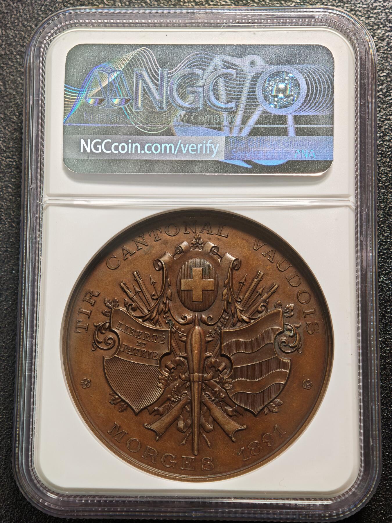 【德藏】世界币章拍卖第168期（拍品征集中~欢迎藏友联系） 1891年 瑞士沃州射击节高浮雕纪念铜章 NGC MS64BN 浮雕感极强 包浆温润