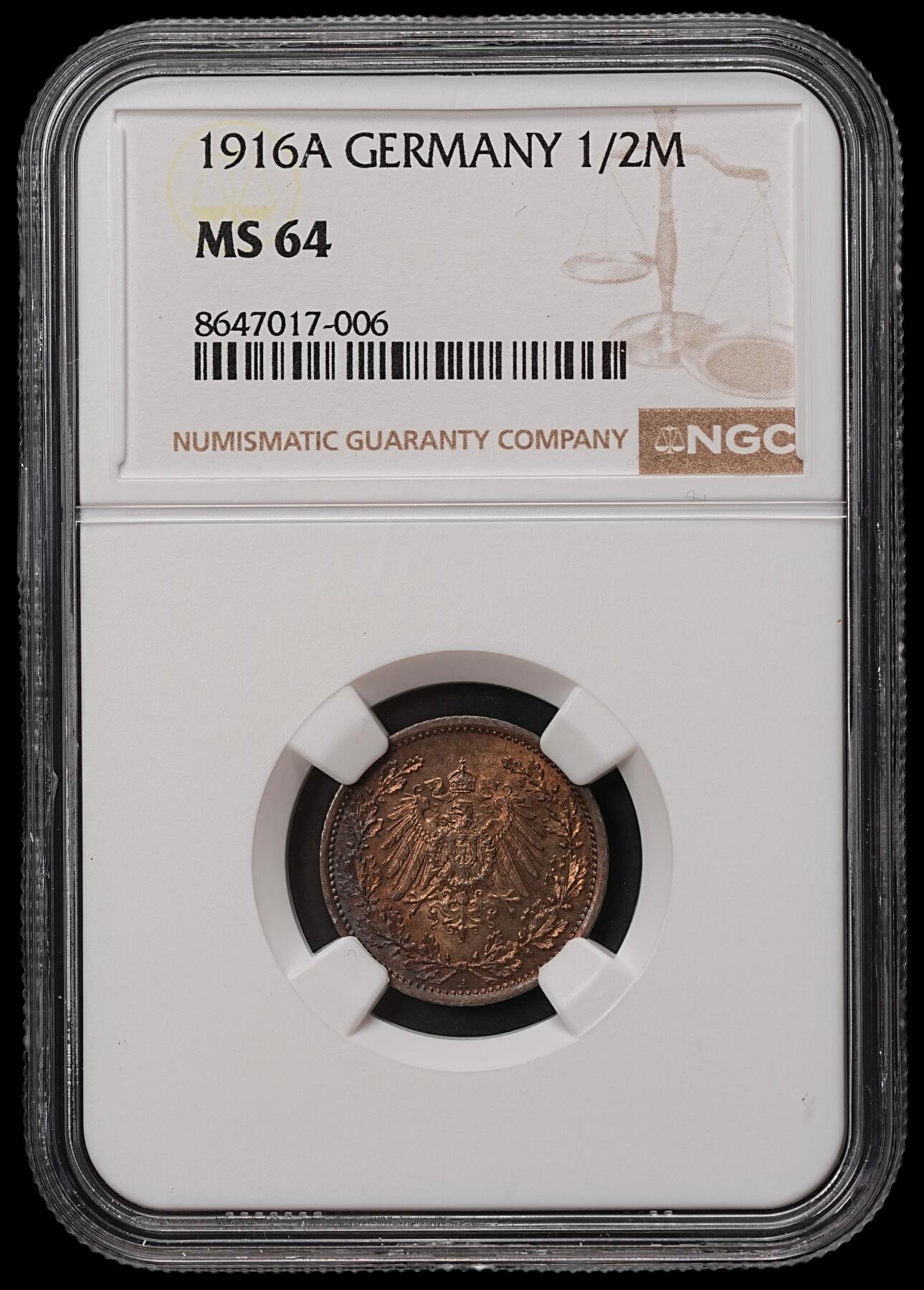 修遠堂世界钱币第108期 NGC MS64 1916年德国1/2马克银币，A厂铭，焦糖彩