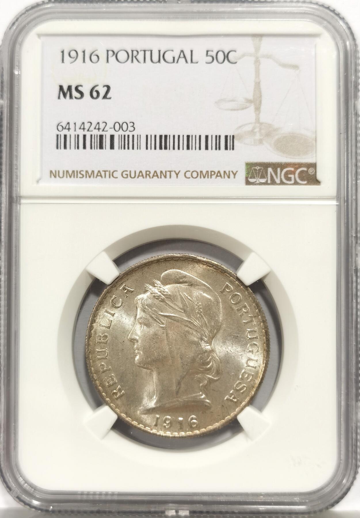 博洋堂世界钱币拍卖第165期（全场包邮） NGC MS62 葡萄牙1916年自由女神50分纪念银币，原汁原味老包浆，状态极佳。