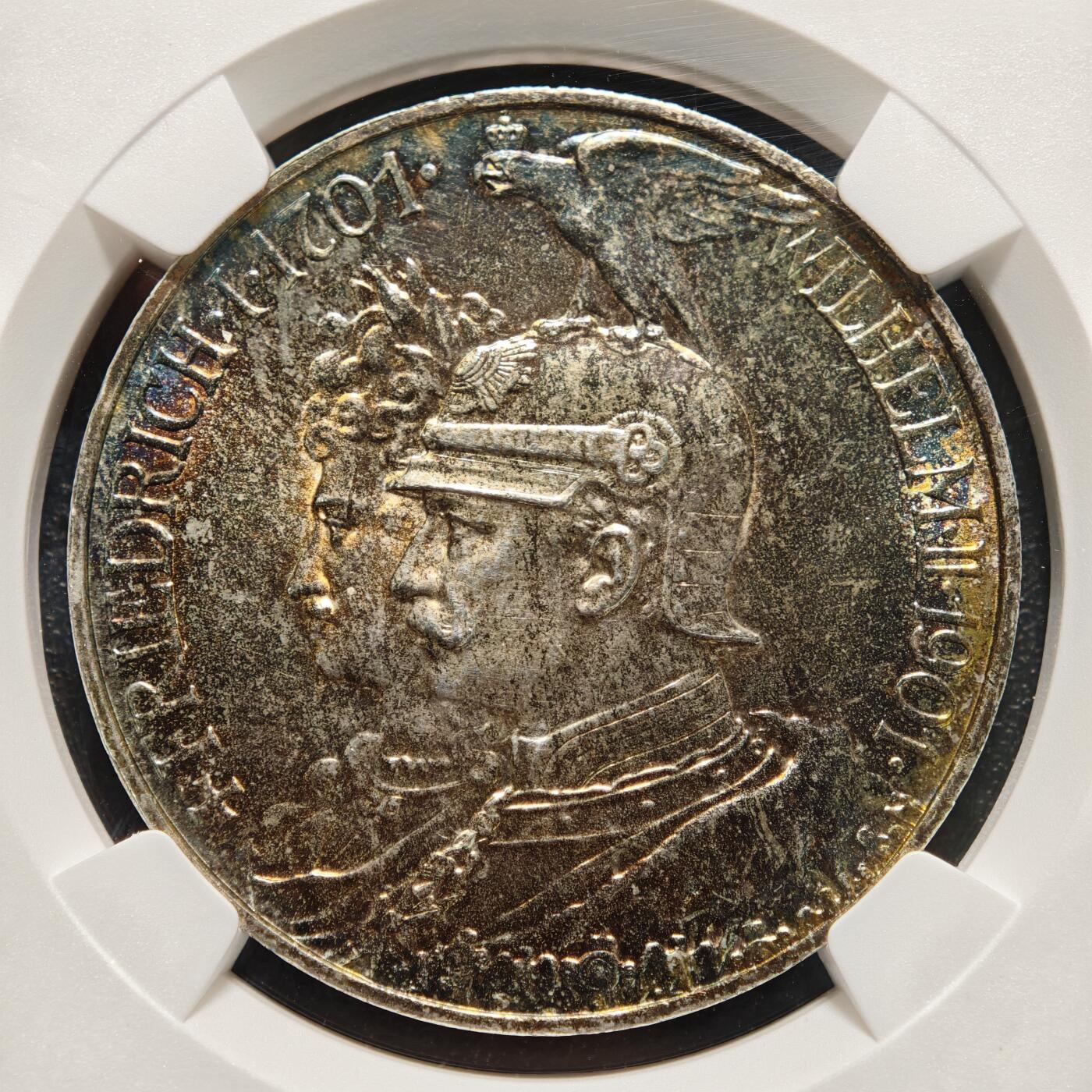 【德藏】世界币章拍卖第168期（拍品征集中~欢迎藏友联系） 1901年 德国普鲁士建国200周年5马克大银币 NGC MS64 深五彩包浆 极其漂亮