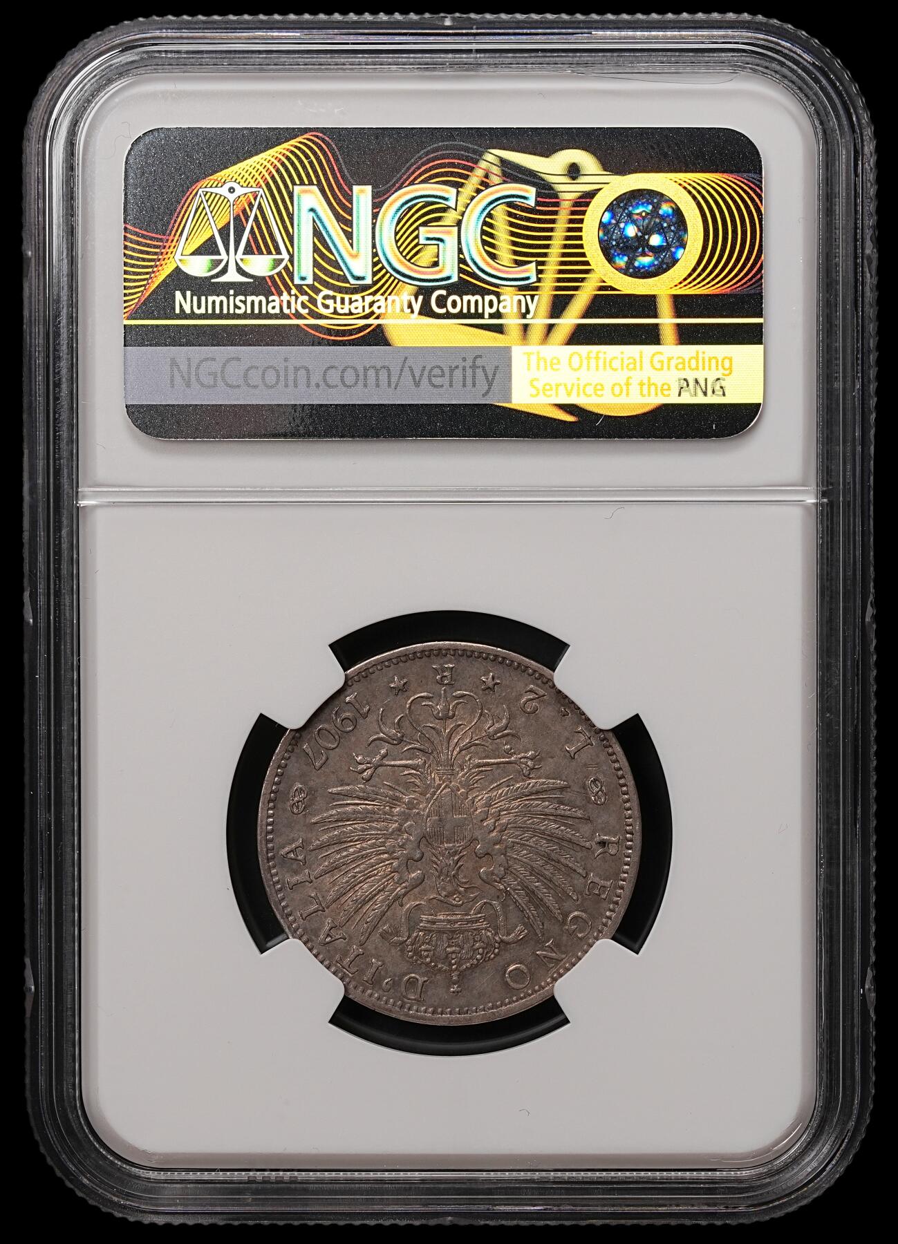 修遠堂世界钱币第108期 NGC AU55 1907年意大利2里拉银币，老彩味道棒，少见早期年份有分不易