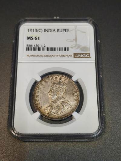 国内外机制币银元拍场 小精品场 - NGC MS61 乔治五世印度卢比 1913C，少见版别和年份，黄油包浆十分美丽，出分不易