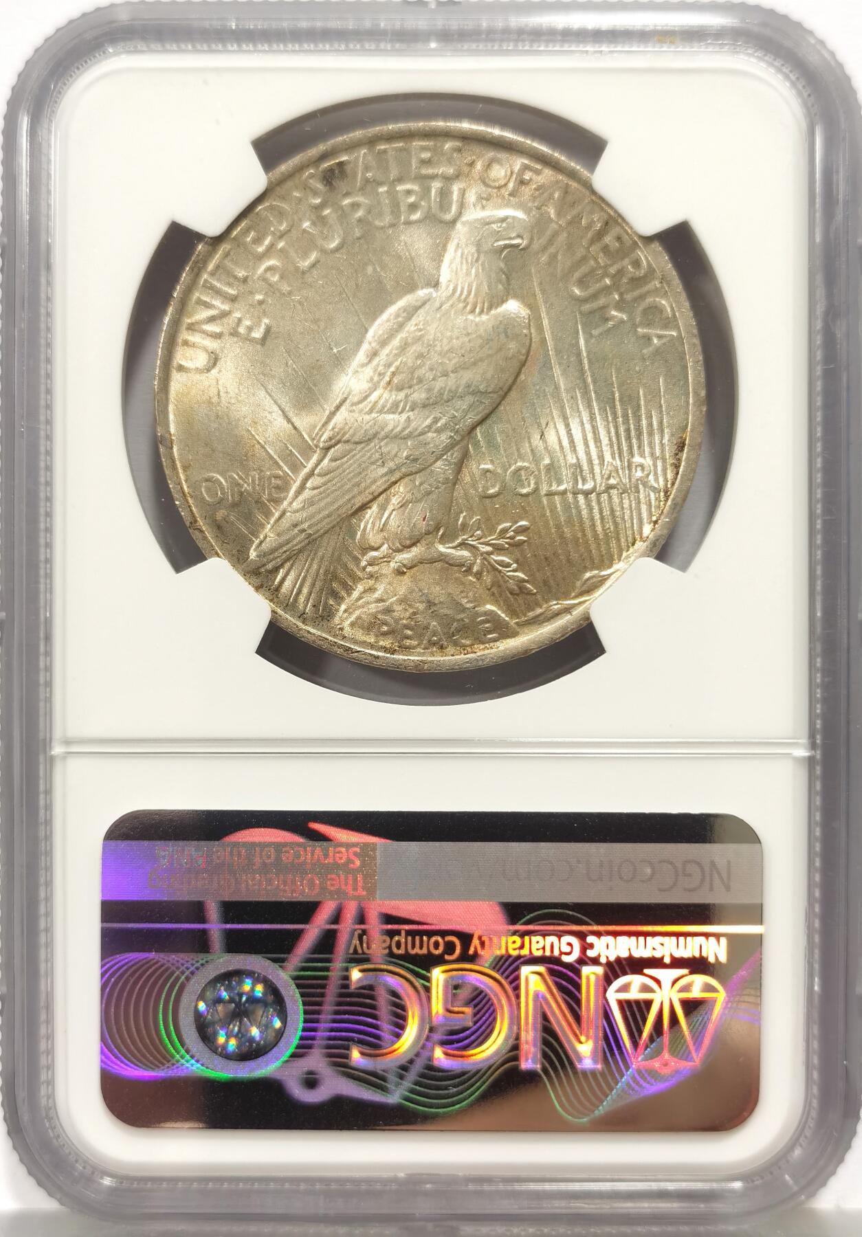 博洋堂世界钱币拍卖第165期（全场包邮） NGC MS62 美国1923年和平银元P版，原汁原味五彩老包浆，包浆醇厚，转光强烈细节优秀，状态极佳。备注：正面顶部盒子有小磕，