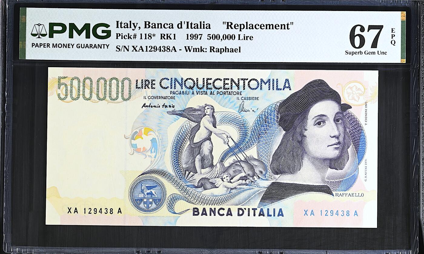 《艾美收藏》第237期-3.22周日外币强钞白金场 意大利500000里拉 PMG67E 1997年 意大利著名画家拉斐尔 稀少补号冠 冠军分