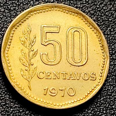 泉币菌-第215场-拍品多 请提前出价（215场前满邮条件的已全部发出，本场结束后休息几天再上货） - 1970年 阿根廷50分铜币 20.8mm 