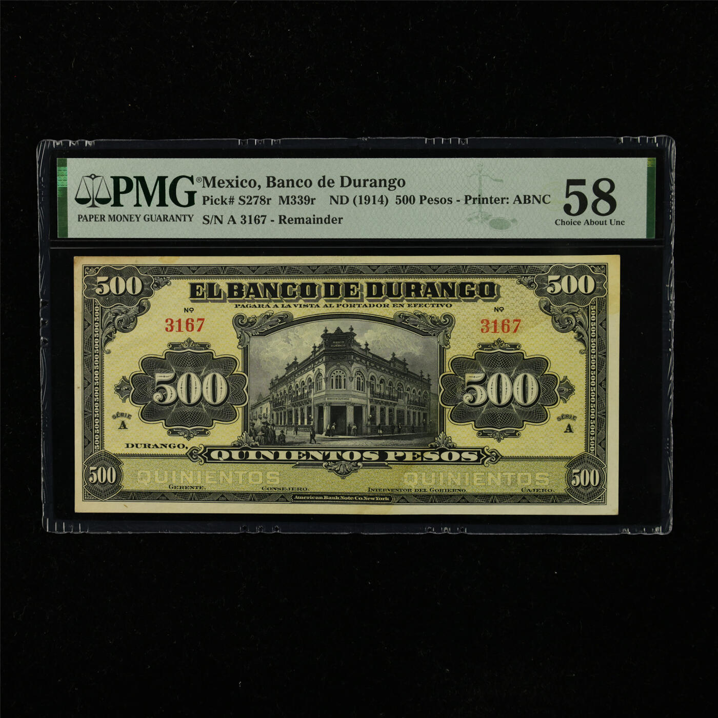 【亘邦集藏】第223期拍卖 1914年 墨西哥杜兰戈银行500比索 PMG 58 A 3167