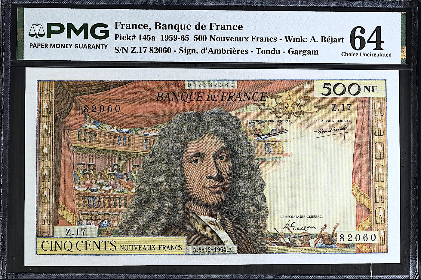 《艾美收藏》第237期-3.22周日外币强钞白金场 法国500法郎 PMG64 1964年 法国喜剧作家莫里哀