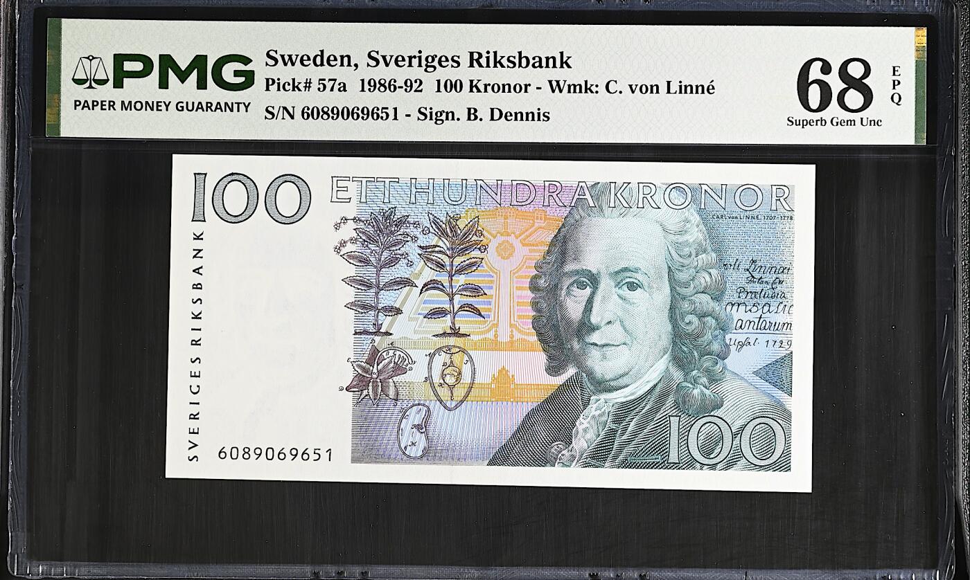 《艾美收藏》第237期-3.22周日外币强钞白金场 瑞典100克朗 PMG68E 1986年初版首发年a版 林奈 长号码无347 冠军分