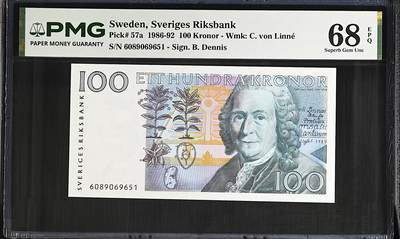 《艾美收藏》第237期-3.22周日外币强钞白金场 - 瑞典100克朗 PMG68E 1986年初版首发年a版 林奈 长号码无347 冠军分