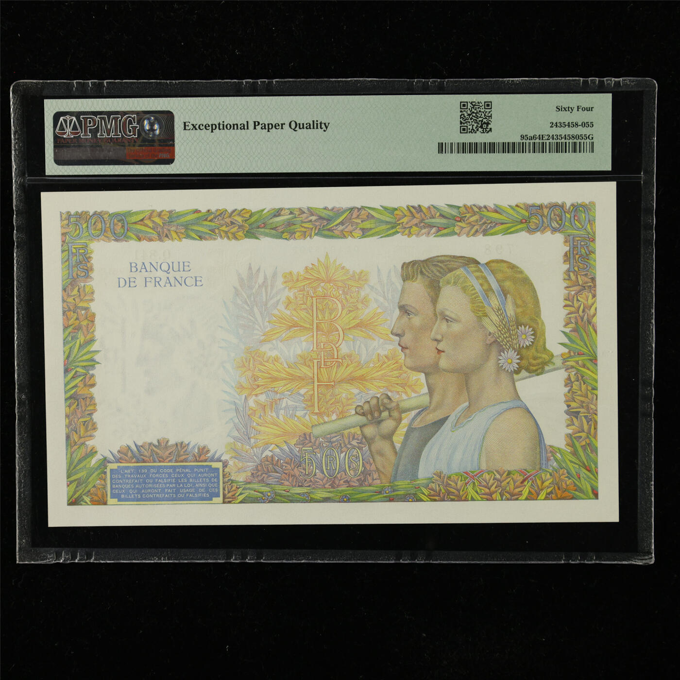 【亘邦集藏】第223期拍卖 1940-41年 法国500法郎 PMG 64EPQ Q.841 798