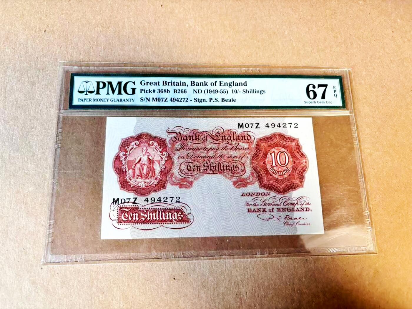 【Blue Auction】世界纸币精拍第797期——18级TOP拍卖/信誉/品质/专业/高效💫 英国 A序列 949-55年10先令 PMG67EPQ 高分