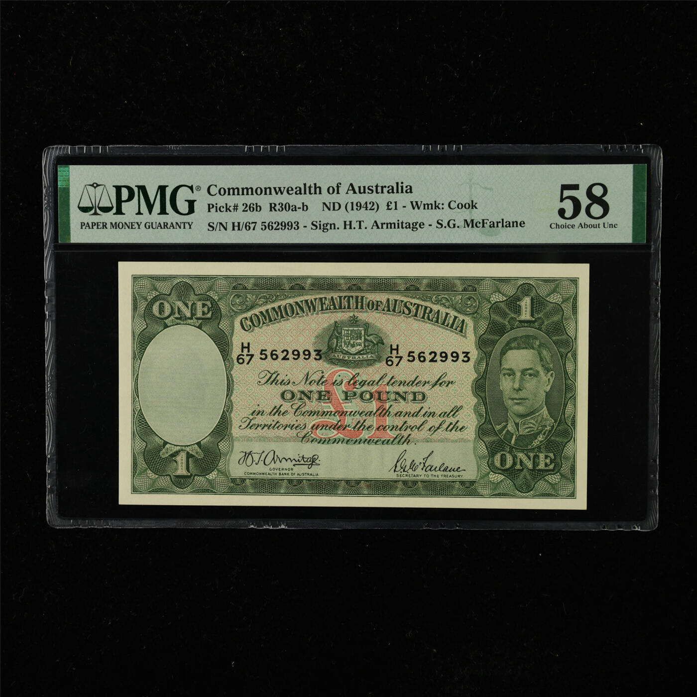 【亘邦集藏】第223期拍卖 1942年 澳大利亚1镑 PMG 58 H/67 562993