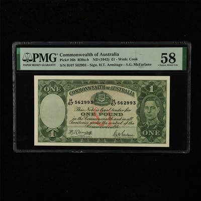 【亘邦集藏】第223期拍卖 - 1942年 澳大利亚1镑 PMG 58 H/67 562993