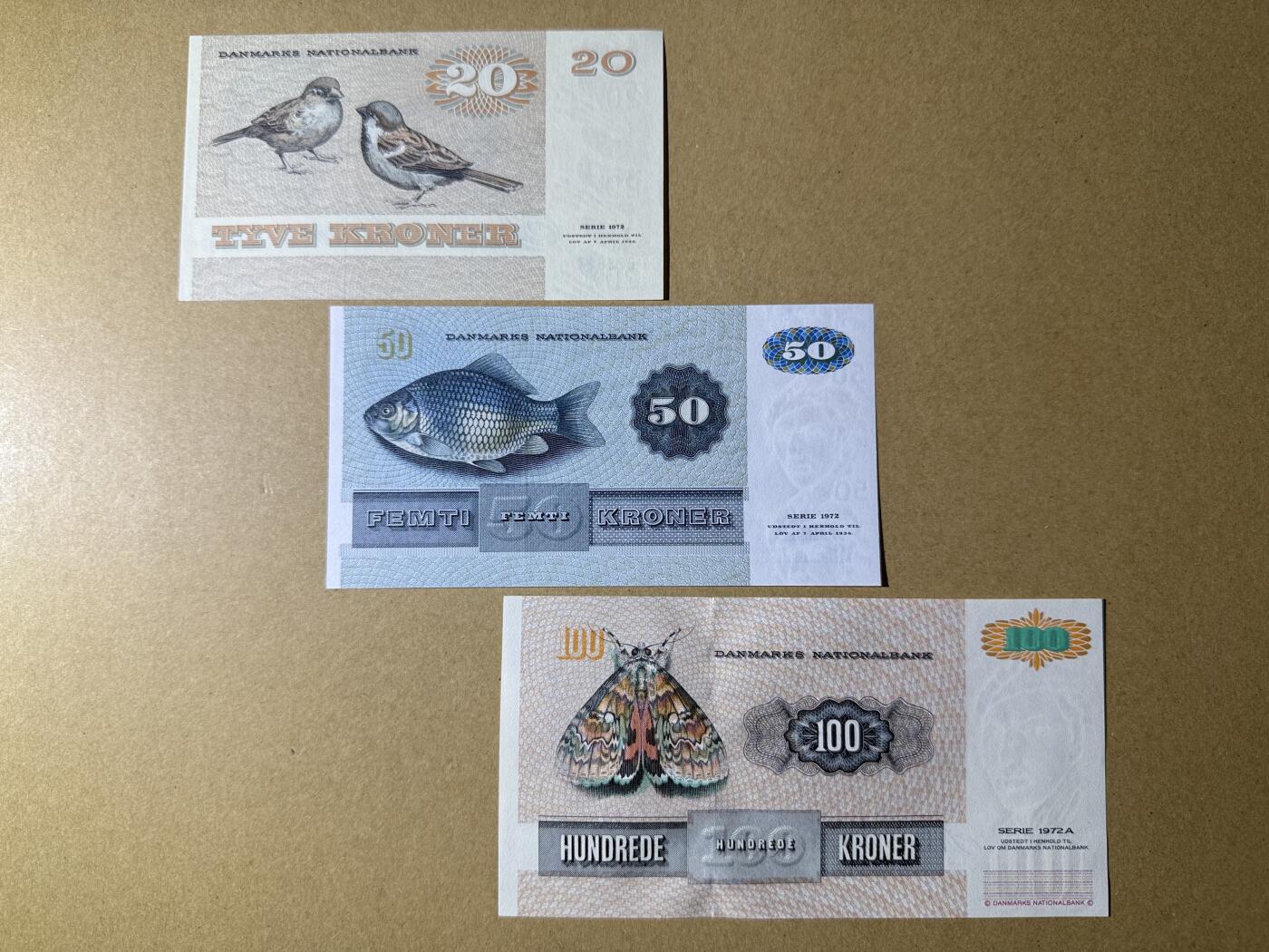 《艾美收藏》第237期-3.22周日外币强钞白金场 丹麦20、50、100克朗3张 UNC 动物版 全程无4