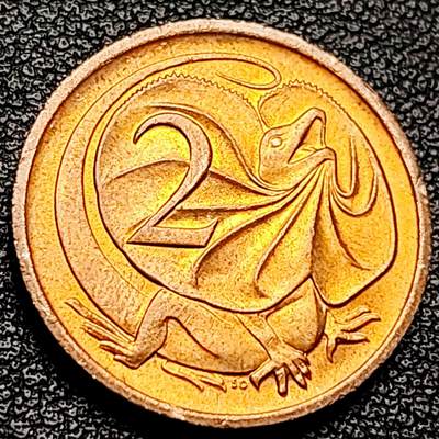 泉币菌-第215场-拍品多 请提前出价（215场前满邮条件的已全部发出，本场结束后休息几天再上货） - 铜光极美 1981年 英属澳大利亚2分铜币 伞蜥蜴斗篷蜥 21.5mm