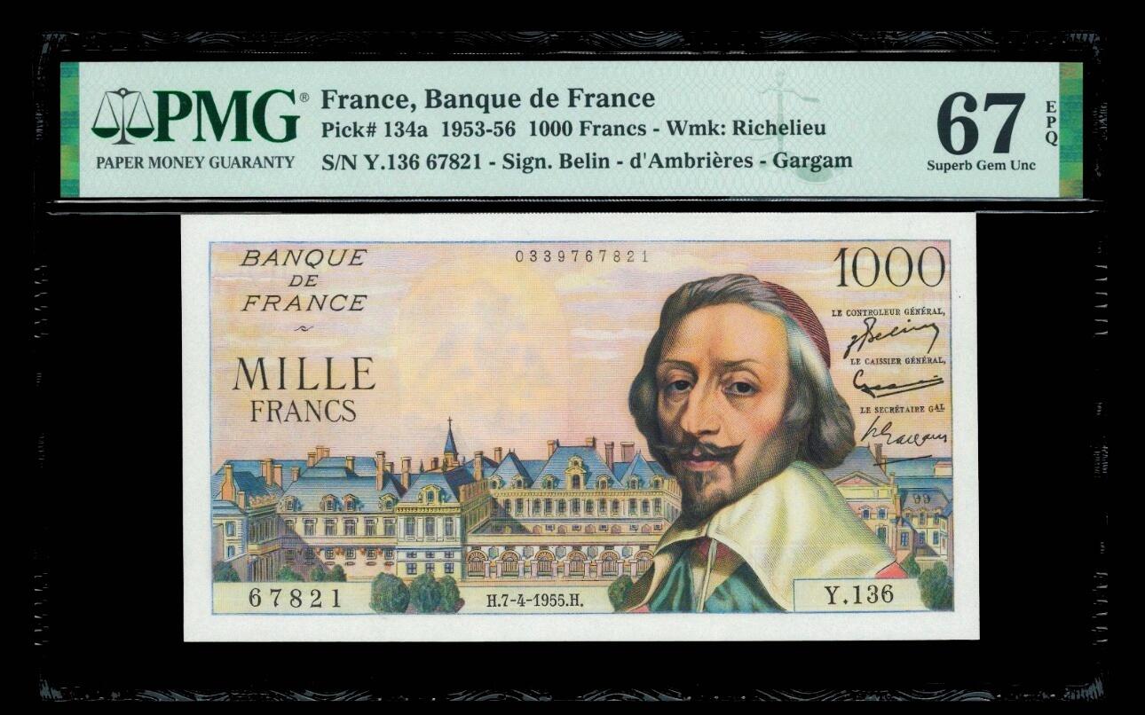 【Blue Auction】世界纸币精拍第797期——18级TOP拍卖/信誉/品质/专业/高效💫 法国 1955年1000法郎 未改值版 红衣主教PMG67EPQ 高分 