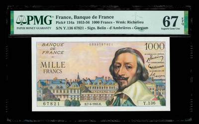 【Blue Auction】世界纸币精拍第797期——18级TOP拍卖/信誉/品质/专业/高效💫 - 法国 1955年1000法郎 未改值版 红衣主教PMG67EPQ 高分 