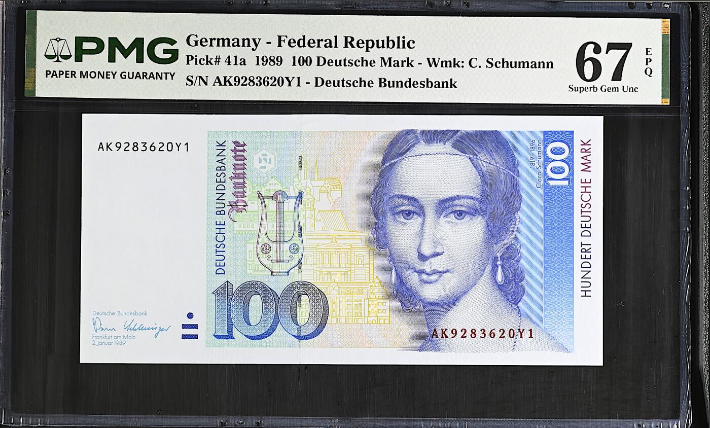 《艾美收藏》第237期-3.22周日外币强钞白金场 德国100马克 PMG67E 1989年a版 克拉拉 长号码无47