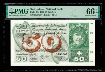 【Blue Auction】世界纸币精拍第797期——18级TOP拍卖/信誉/品质/专业/高效💫 - 瑞士 1963年50法郎 苹果园 PMG66EPQ 