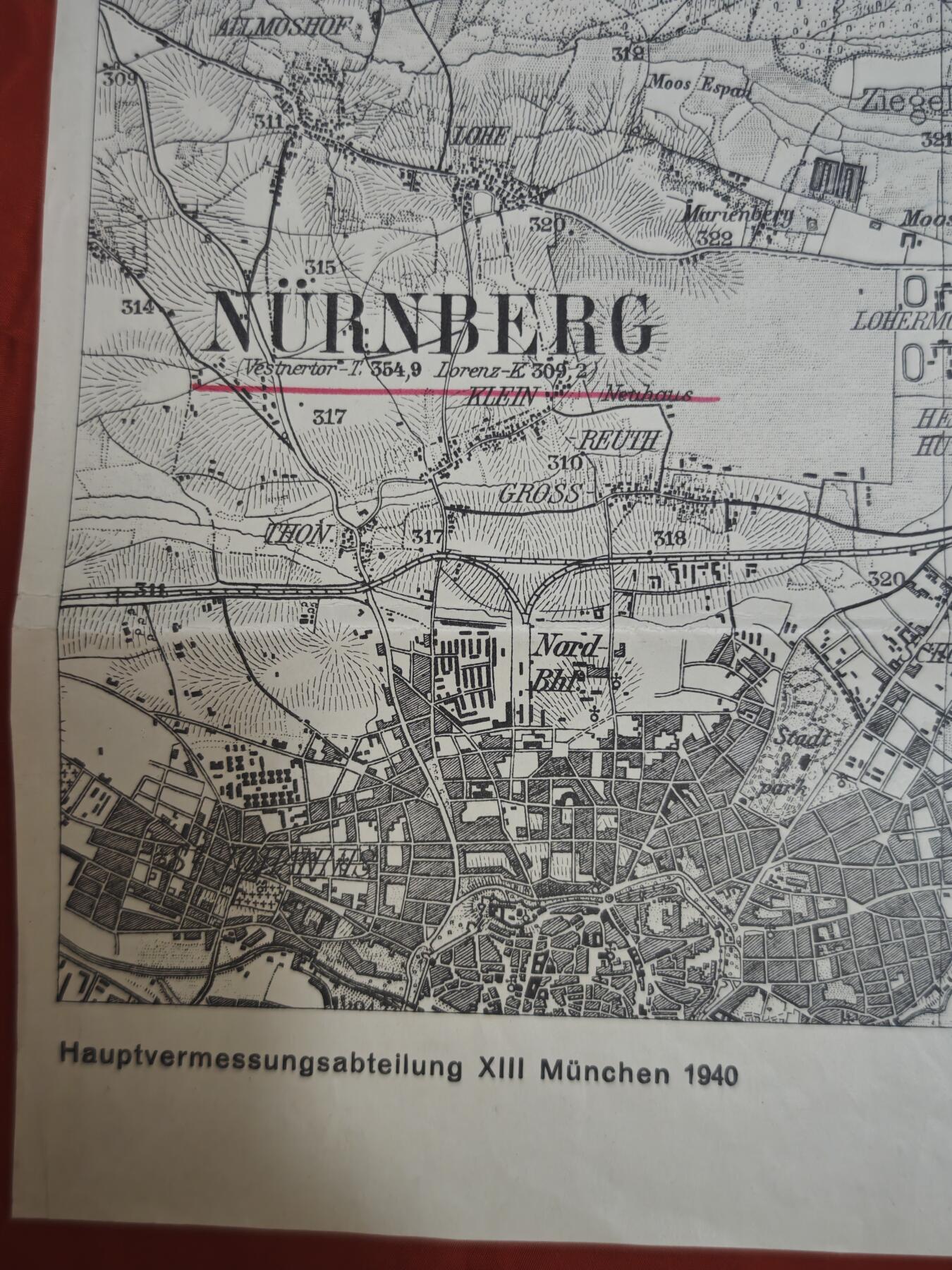 橙子收藏第六期 1940年德国巴伐利亚州纽伦堡地区军用纳粹官方测绘的高精度军用地形图，是二战前期德国军事地理的珍贵实物文献。