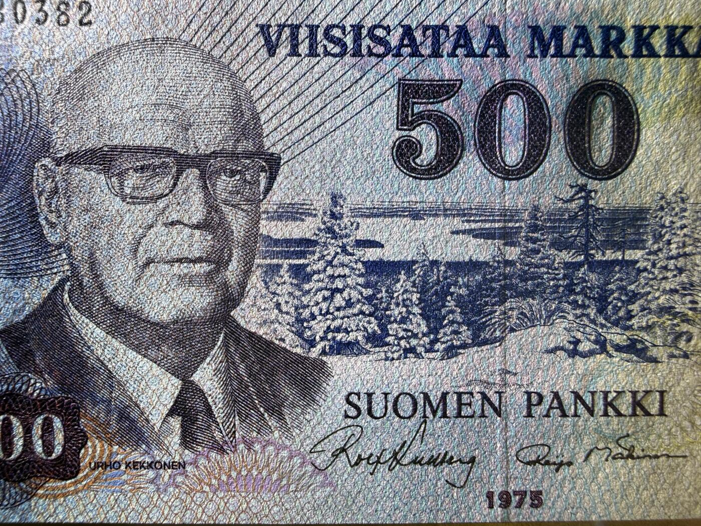 《艾美收藏》第237期-3.22周日外币强钞白金场 芬兰500马克 UNC 1975年 芬兰历史上极具影响力的总统吉科宁 稀少版本 A冠无47