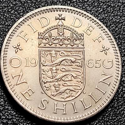泉币菌-第215场-拍品多 请提前出价（215场前满邮条件的已全部发出，本场结束后休息几天再上货） - 原光极美 英国1965年1先令铜镍币 三师纹章 伊丽莎白二世女王 英格兰版 23.5mm 