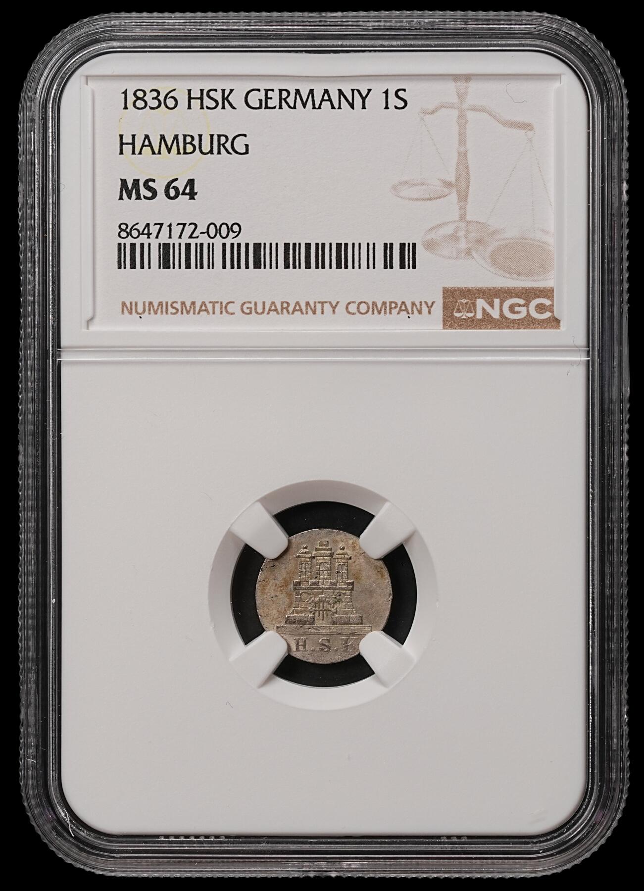 修遠堂世界钱币第108期 NGC MS64 1836年汉堡1先令银币