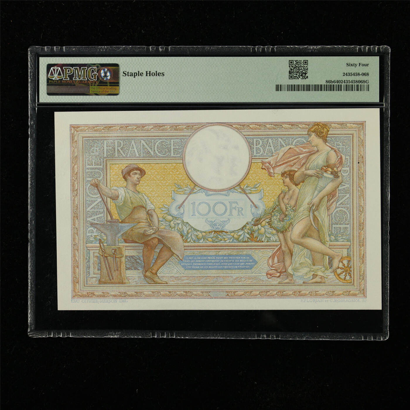 【亘邦集藏】第223期拍卖 1937-39年 法国100法郎 PMG 64 Q.63938 568