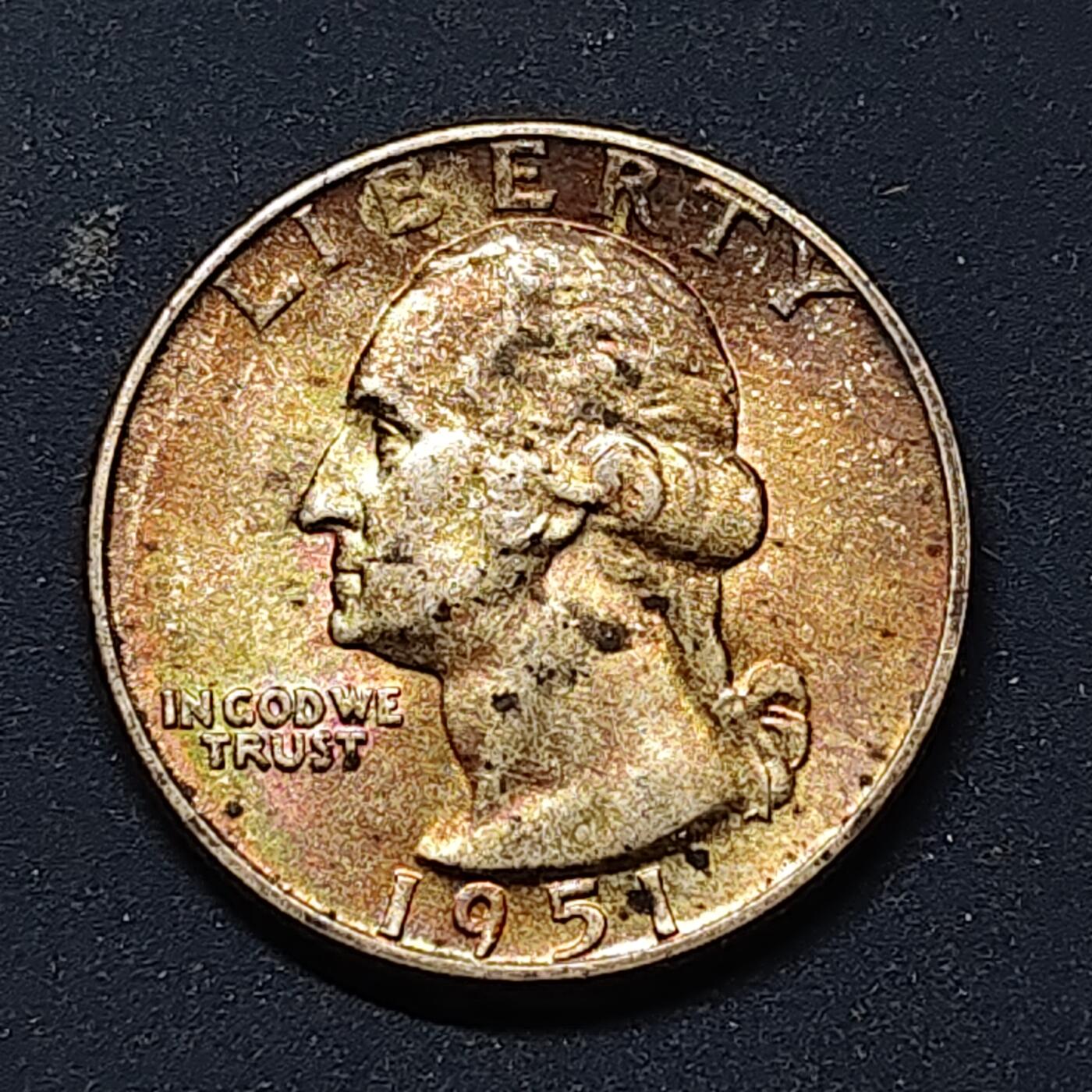 【全场包邮】纯粹捡漏拍514场 美国1951年华盛顿25分淡金色包浆银币【24.3毫米6.25克90%】