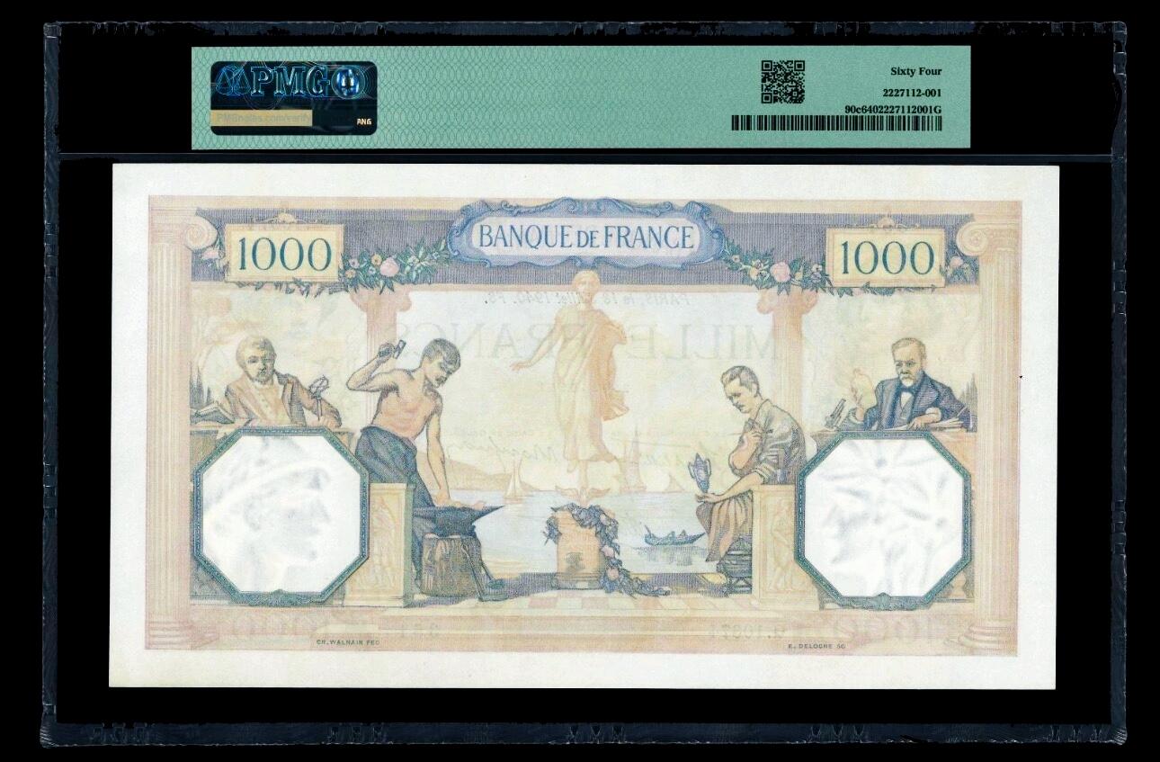 【Blue Auction】世界纸币精拍第797期——18级TOP拍卖/信誉/品质/专业/高效💫 【无47】法国 1940年1000法郎 PMG64 大票幅 设计精美 