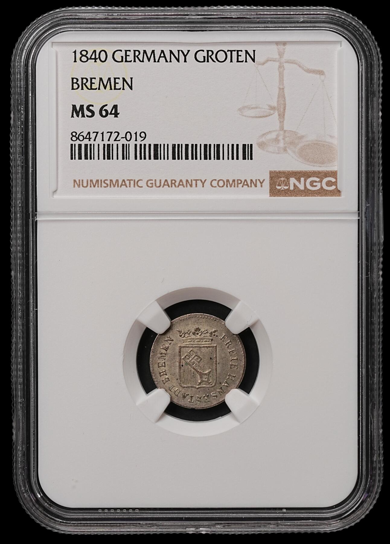 修遠堂世界钱币第108期 NGC MS64 1840年不来梅1格罗滕银币