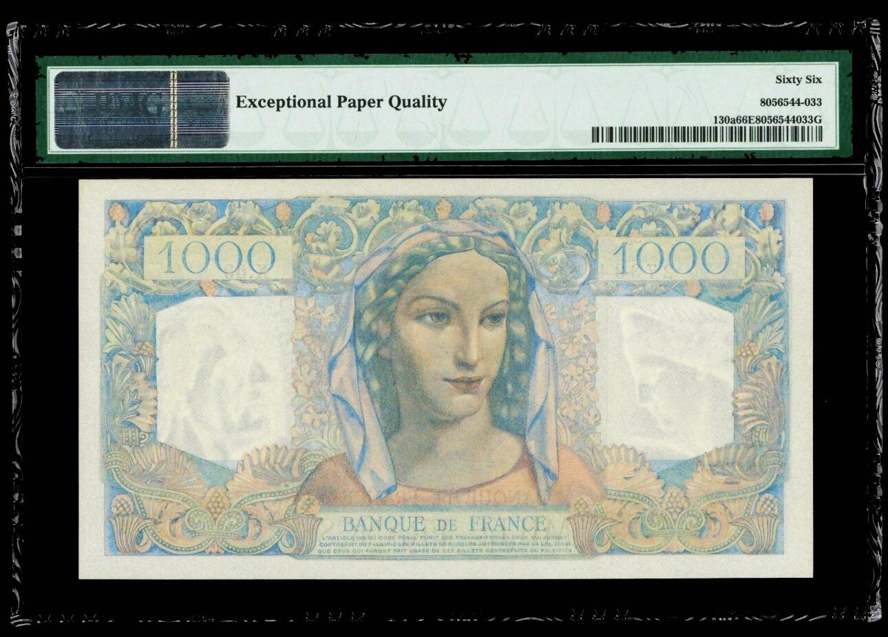 【Blue Auction】世界纸币精拍第797期——18级TOP拍卖/信誉/品质/专业/高效💫 【a版首年】法国 1945年1000法郎 PMG66EPQ 设计精美 双水印