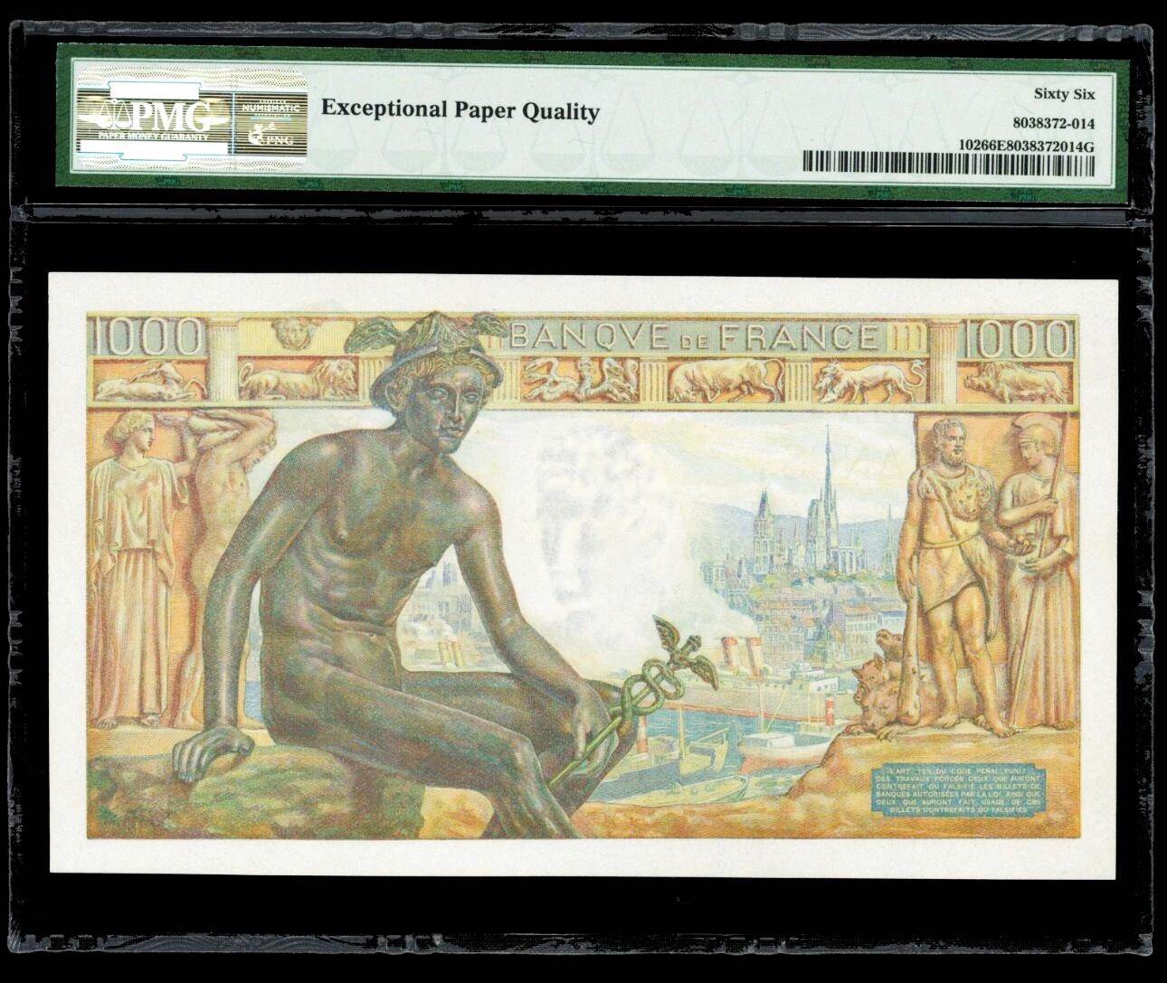 【Blue Auction】世界纸币精拍第797期——18级TOP拍卖/信誉/品质/专业/高效💫 【010小雷达 倒置号 二进制号】法国 1942年1000法郎 圣母 墨丘利 PMG66EPQ 大票幅 