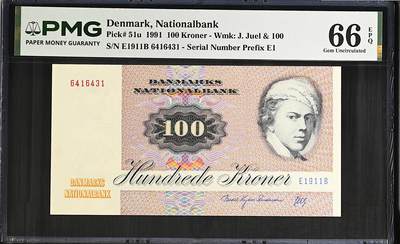 《艾美收藏》第237期-3.22周日外币强钞白金场 - 丹麦100克朗 PMG66E 1991年彩蝶初版 亚军分 更高分仅1张