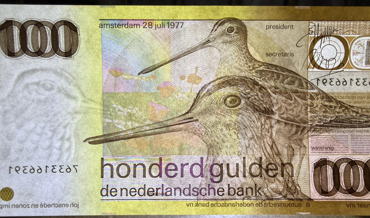 《艾美收藏》第237期-3.22周日外币强钞白金场 荷兰100盾 UNC 1977年 经典水鸟 无4