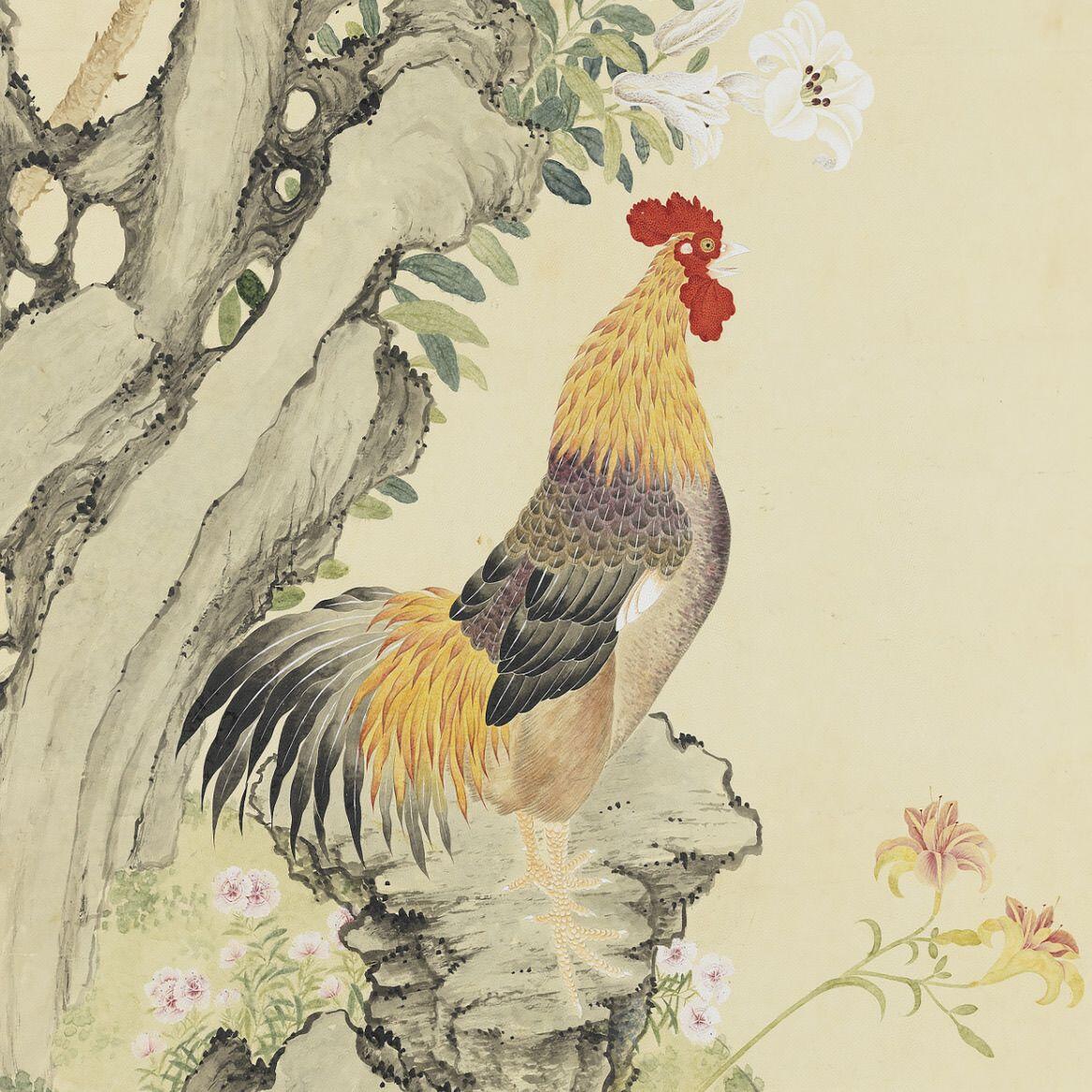 听雨轩（78） 清邹一桂榴下雄鸡公鸡大吉大利竖款卷轴画 47*140cm