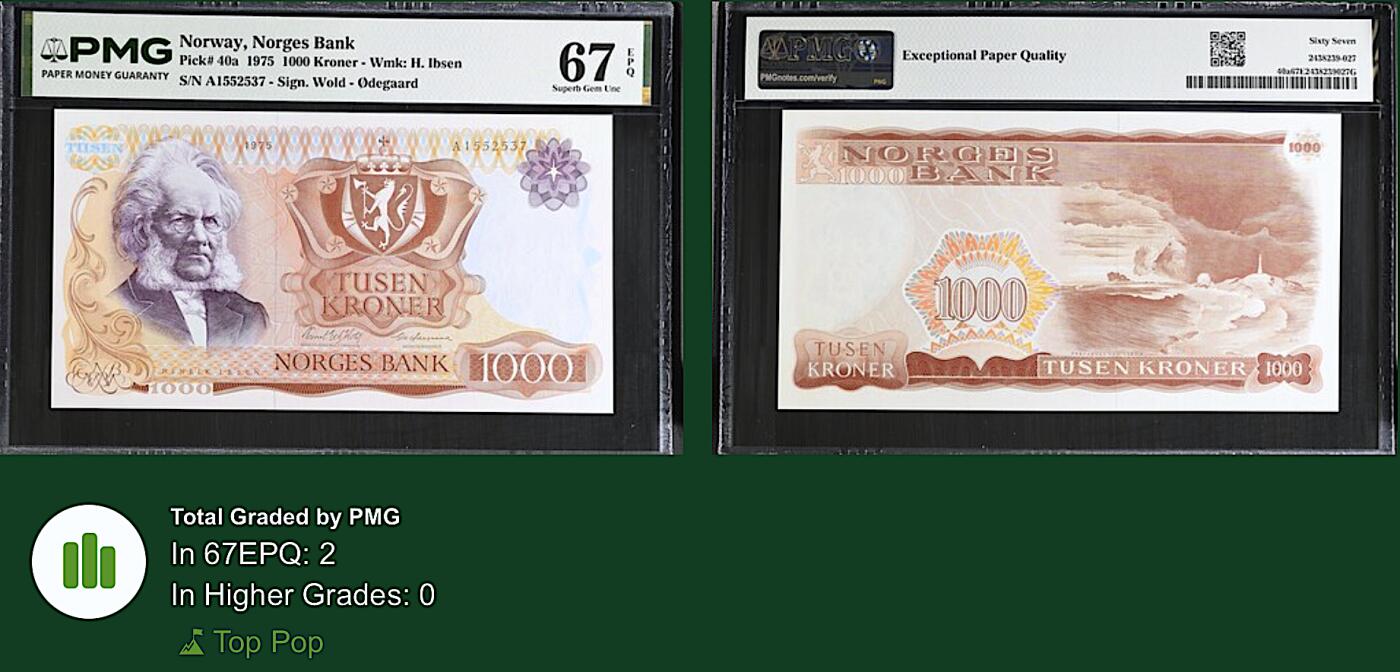 《艾美收藏》第237期-3.22周日外币强钞白金场 挪威1000克朗 PMG67E 1975年首发年a版A冠 挪威剧作家易卜生 无4 冠军分 仅2张