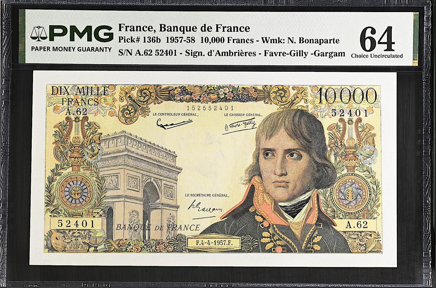 《艾美收藏》第237期-3.22周日外币强钞白金场 法国10000法郎 PMG64 1957年 法兰西皇帝拿破仑 稀少改值前版本 更高分仅1张 无背标少见