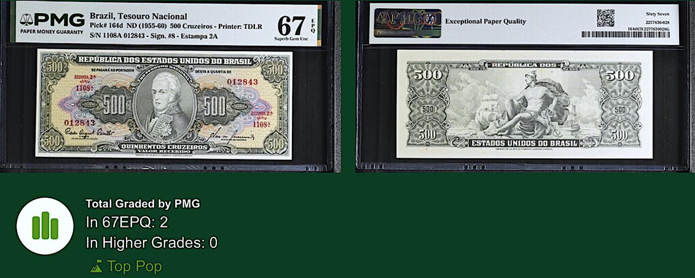 《艾美收藏》第237期-3.22周日外币强钞白金场 巴西500克鲁塞罗 PMG67E 1955年老版本 唯二冠军分