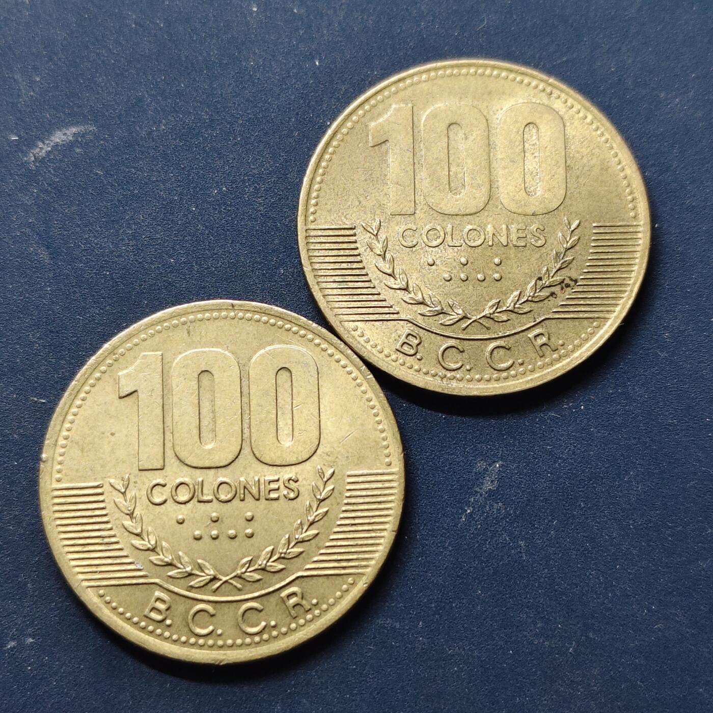 【全场包邮】纯粹捡漏拍514场 哥斯达黎加1998/2000年100科朗不同版本2枚一组-1998年版仅发行1997-1998年2年+2000年版为独年份版本