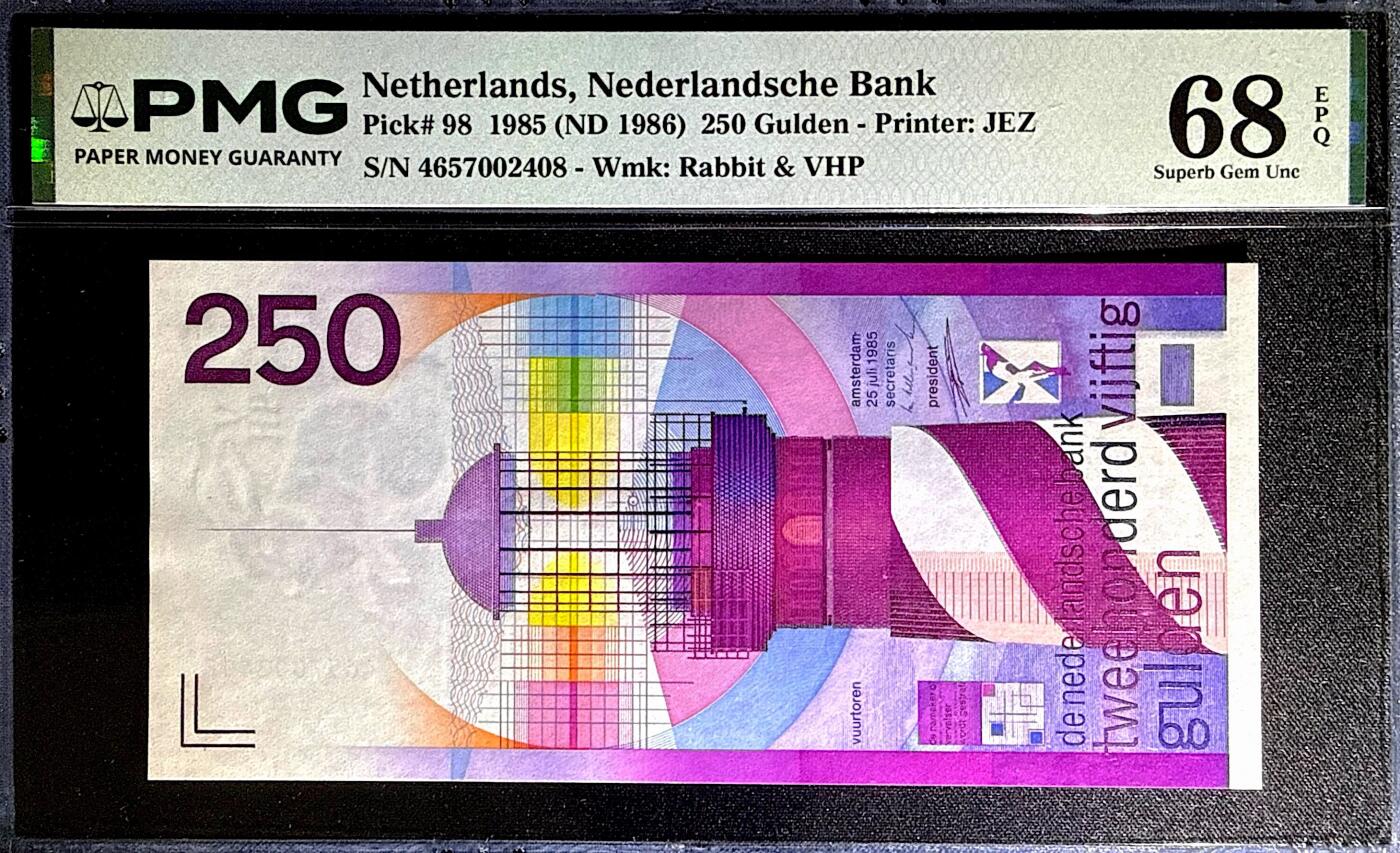 《艾美收藏》第237期-3.22周日外币强钞白金场 荷兰250盾 PMG68E 1985年 经典灯塔