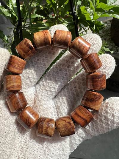 零元拍：海南黄花梨虎皮纹桶珠手串：15MM - 零元拍：海南黄花梨虎皮纹桶珠手串：15MM