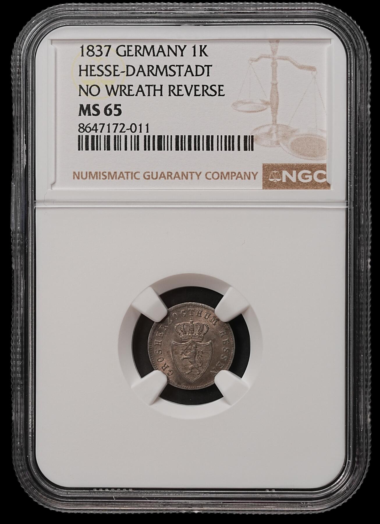修遠堂世界钱币第108期 NGC MS65 1837 年黑森 - 达姆施塔特1克鲁泽银币