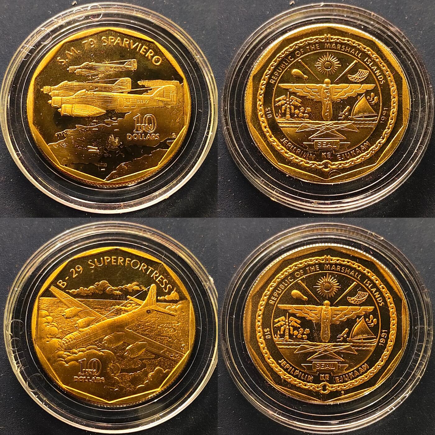 【全场包邮】纯粹捡漏拍515场 马绍尔群岛1991年10元二战传奇战机系列24枚官方盒装精制铜币-盒证全